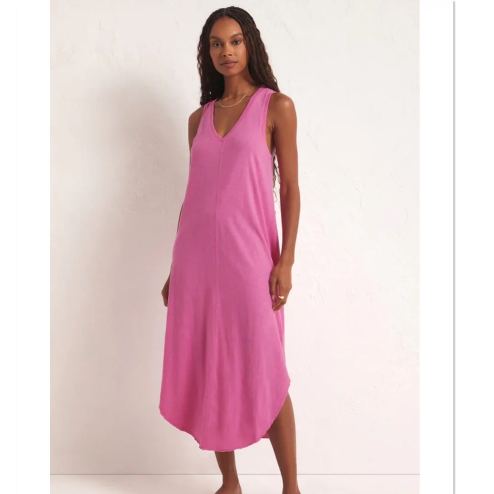 Z SUPPLY The Reverie Slub Dress Heartbreaker Pink Midi V-Neck Racerback M new